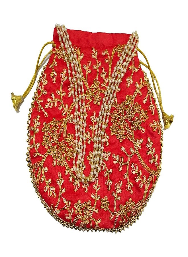 athizay Wedding Return gifting potli combo of 6 pieces || drawstring closure ||,medium size || fits large mobile phone (Red, Golden) - Image 5